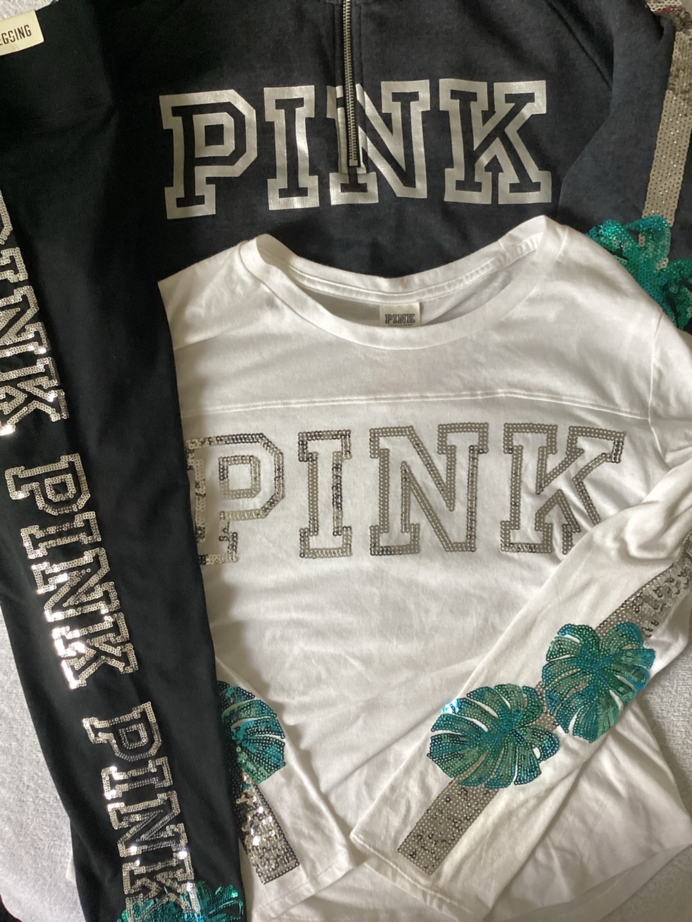 Victoria’s Secret PINK BLING Tropical Palm Zip Up M Shirt Yoga Leggings L Set